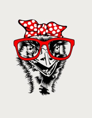 Emu wearing red glasses and a polka dot headscarf - flat print artwork for the bird mug