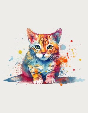 Colourful watercolour ginger cat with paint splashes - flat print artwork for the cat mug
