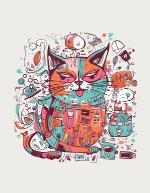 Busy doodle cat mug design - flat print artwork shown on a plain background
