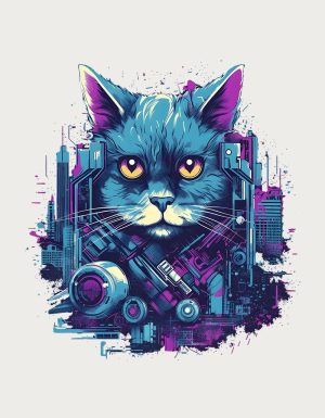 Cyberpunk mecha cat mug design - flat print artwork shown on a plain background