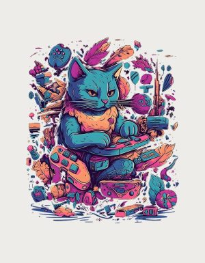 Cyberpunk gamer cat with neon game gear - flat print artwork for the cat cup