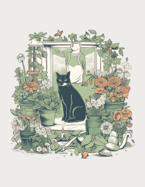 Black cat surrounded by garden flowers - flat print artwork for the cat person mug
