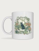 Cat person mug - black cat surrounded by garden flowers