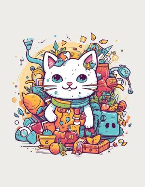 Messy Cat surrounded by clutter - flat print artwork for the funny cat mug