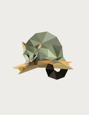 Geometric low-poly possum on a branch - flat print artwork for the possum mug
