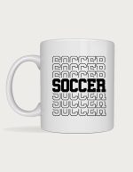 Soccer mug - repeated outlined SOCCER text in black and white