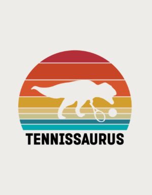 Tennissaurus dinosaur retro badge design - flat print artwork for the tennis mug