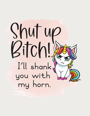 Grumpy rainbow unicorn with the text Shut Up B*tch, I'll Shank You With My Horn - flat print artwork for the rude mug