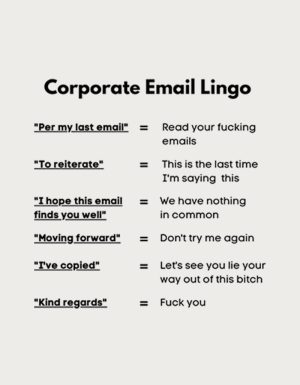 Corporate Email Lingo chart translating polite email phrases into blunt meanings - flat print artwork for the office mug