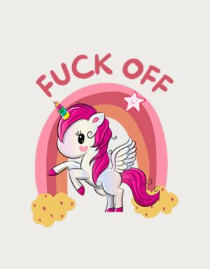 Pink unicorn on a rainbow with the text F**k Off - flat print artwork for the rude mug