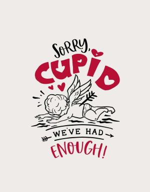 Sorry Cupid anti-valentine mug design - flat print artwork shown on a plain background