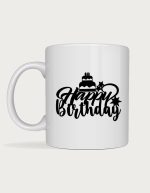 Happy birthday mug - script lettering with cake and stars design