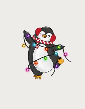 Cute penguin in earmuffs and scarf tangled in Christmas lights - flat print artwork for the Christmas mug