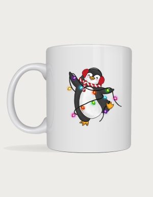 Christmas mug - cute penguin in earmuffs and scarf tangled in Christmas lights