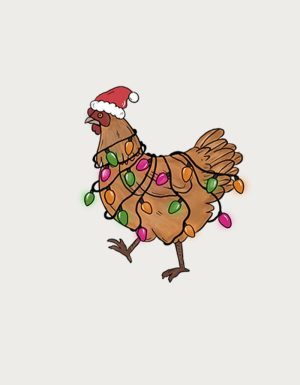 Chicken in Santa hat with string lights - flat print artwork for the Christmas mug
