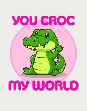 Cartoon crocodile waving on a pink circle with the text You Croc My World - flat print artwork for the cute mug
