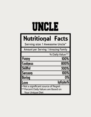 Uncle Nutritional Facts label listing funny, coolness and love - flat print artwork for the uncle mug