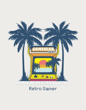 Retro arcade machine between palm trees with the text Retro Gamer - flat print artwork for the gaming mug
