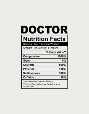 Doctor Nutrition Facts label listing compassion, courage and caffeine - flat print artwork for the doctor mug