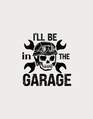 I'll Be In The Garage skull and helmet design - flat print artwork for the garage mug