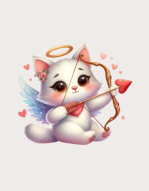 Cute white cupid kitten with wings, halo and bow and arrow among pink hearts - flat print artwork for the valentine mug