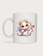 Valentine mug - cute white cupid kitten with wings, halo and bow and arrow among pink hearts