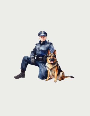 K9 handler kneeling mug design - flat print artwork shown on a plain background
