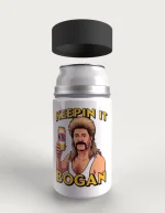 Keepin It Bogan metal stubby holder – with the screw-in cap lifted off