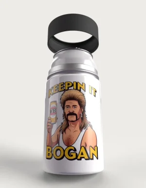 Keepin It Bogan metal stubby holder – with the cap coming off