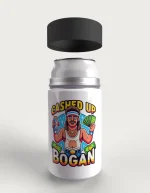Cashed Up Bogan metal stubby holder – with the screw-in cap lifted off