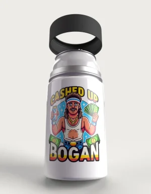Cashed Up Bogan metal stubby holder – with the cap coming off