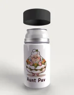 Aunt Pav metal stubby holder – with the screw-in cap lifted off