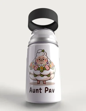 Aunt Pav metal stubby holder – with the cap coming off