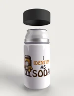 I Identify As Soda metal stubby holder – with the screw-in cap lifted off