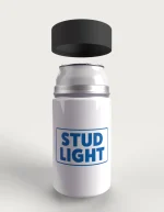 Stud Light metal stubby holder – with the screw-in cap lifted off