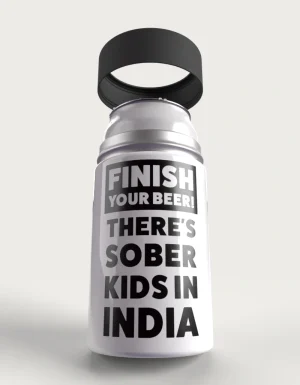 Finish Your Beer metal stubby holder – with the cap coming off