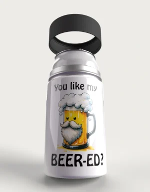 You Like My Beer-ed? metal stubby holder – with the cap coming off