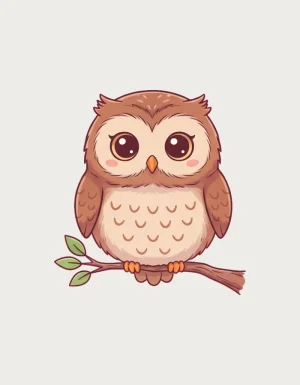 Cute owl mug design of a fluffy brown owl on a twig with green leaves