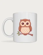 Owl mug with a cute brown owl perched on a leafy twig, on a white ceramic mug