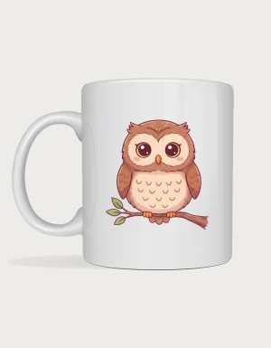 Owl mug with a cute brown owl perched on a leafy twig, on a white ceramic mug
