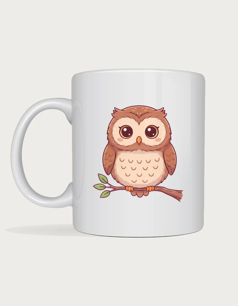 Owl mug with a cute brown owl perched on a leafy twig, on a white ceramic mug