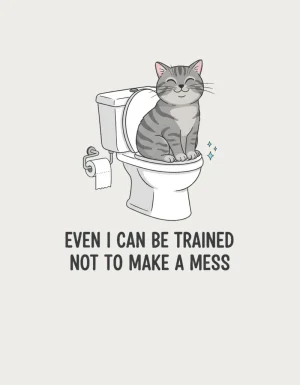 Funny Cat Mug design - cat sitting on a toilet with the slogan Even I can be trained not to make a mess