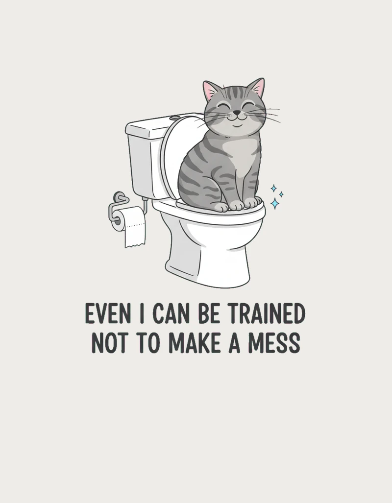 Funny Cat Mug design - cat sitting on a toilet with the slogan Even I can be trained not to make a mess