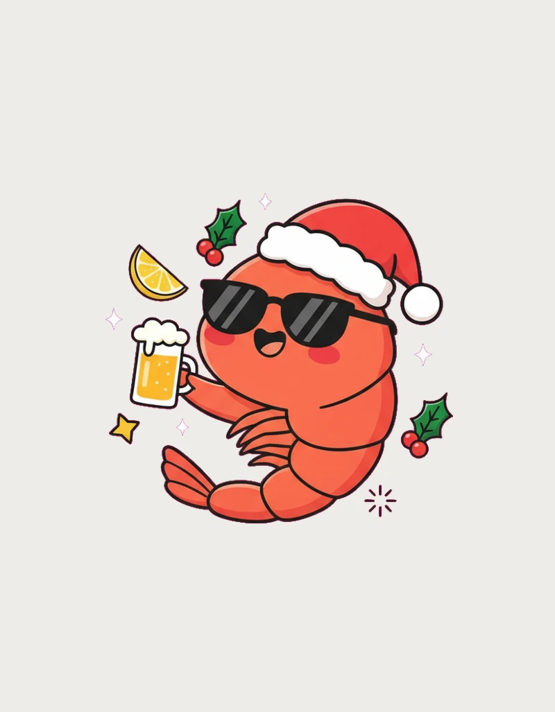 Christmas Prawn Mug design - kawaii prawn in Santa hat with sunglasses, beer, lemon wedge and holly for an Aussie summer Christmas