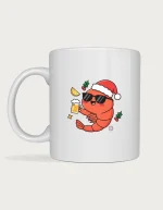 Christmas Prawn Mug - cute prawn in a Santa hat and sunnies holding a beer, printed on a white ceramic Christmas mug