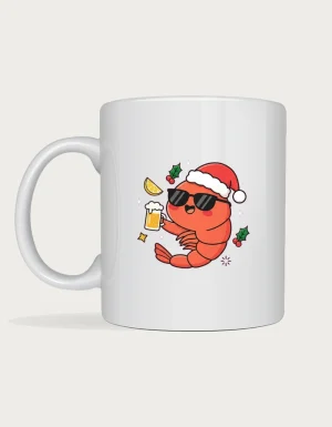 Christmas Prawn Mug - cute prawn in a Santa hat and sunnies holding a beer, printed on a white ceramic Christmas mug