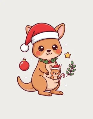 Christmas Kangaroo Mug design - cute kangaroo and joey in Santa hats with holly, bauble, star and gum leaves for an Aussie Christmas