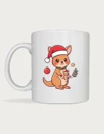 Christmas Kangaroo Mug - kangaroo mum and joey in Santa hats with a candy cane, printed on a white ceramic Christmas mug