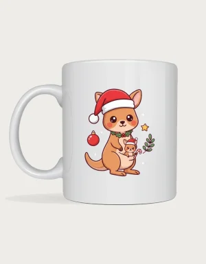 Christmas Kangaroo Mug - kangaroo mum and joey in Santa hats with a candy cane, printed on a white ceramic Christmas mug