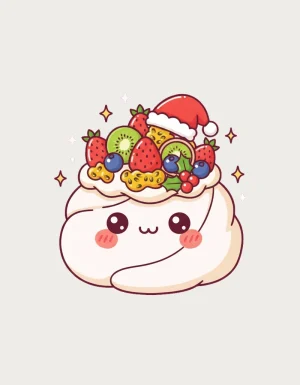 Christmas Pavlova Mug design - kawaii pavlova with Santa hat, strawberries, kiwi, blueberries, passionfruit and holly for an Aussie Christmas